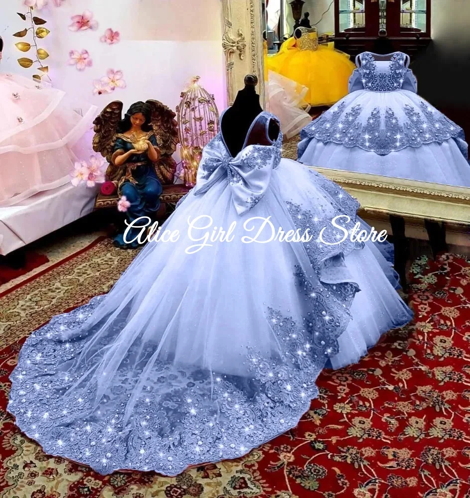 Customized Princess Flower Girl Dress for Wedding Lace Beading Sleeveless with Bow Princess Ball Gowns Birthday Party Dress