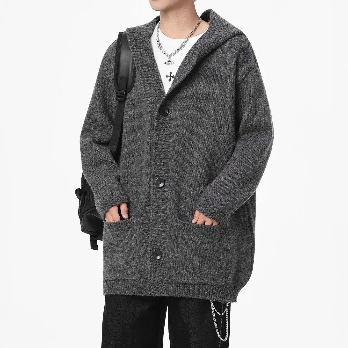 

Faionable Mid-Length Knitted Open Cardigan Men's Hooded Versatile Wrap Coat Personali Sweater Outerwear Autumn New Arrival