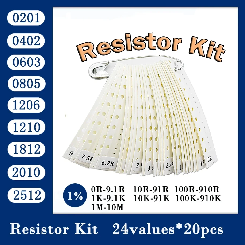 Resistor kit 0201 0402 0603 0805 1206 1210 1812 2010 2512 smd Resistor package 24values*20PCS=480PCS 1% Sample Kit Resisor