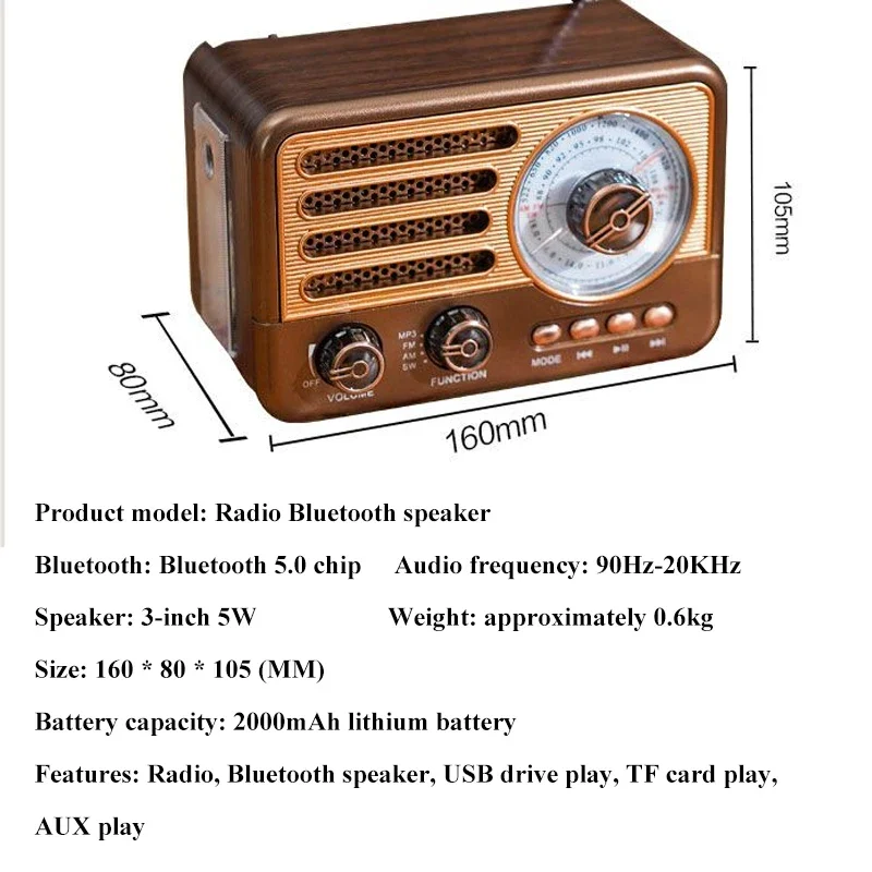 Portable Retro Radio Mini FM/AM/SW Radio Receiver Vintage Bluetooth Speaker With LED Flashlight Support TF Card USB AUX Play