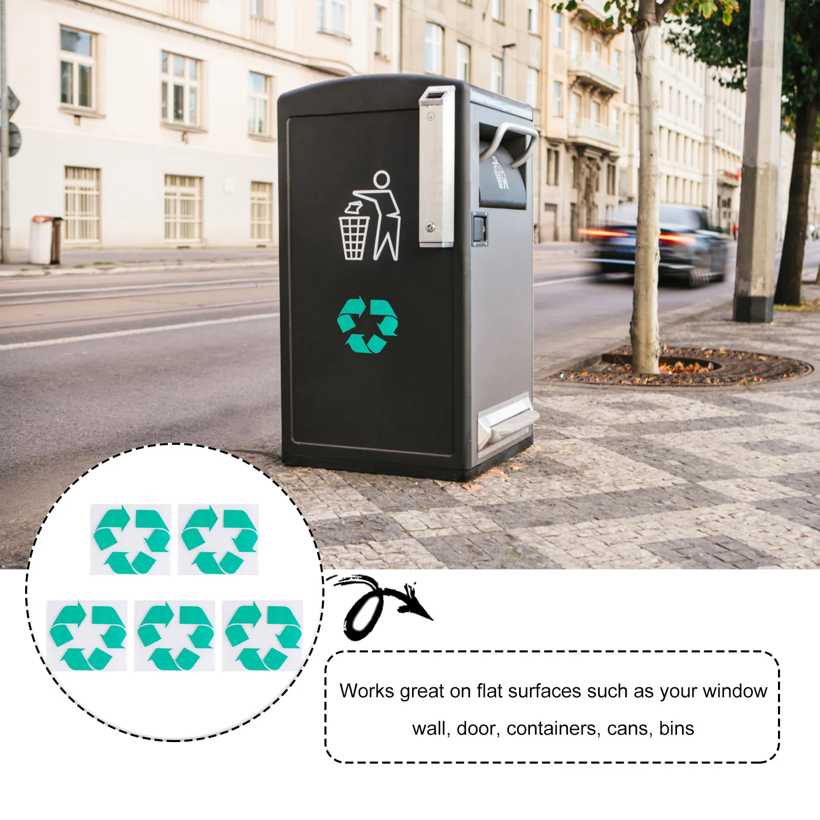 

5 pcs Recyclable Symbol Stickers Green Simple Graphics Recycling EcoFriendly Car Decals TrashBins Labels Folder Tag