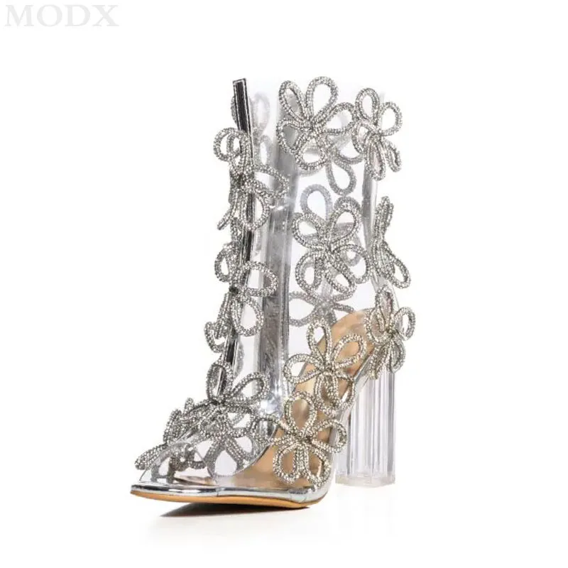 Transpartent Heels Woman Fashion Peep Toe Sliver 3d Rhinestone Flower Ankle Boots Big Size Casual Lady Runway Shoes Botas Mujer