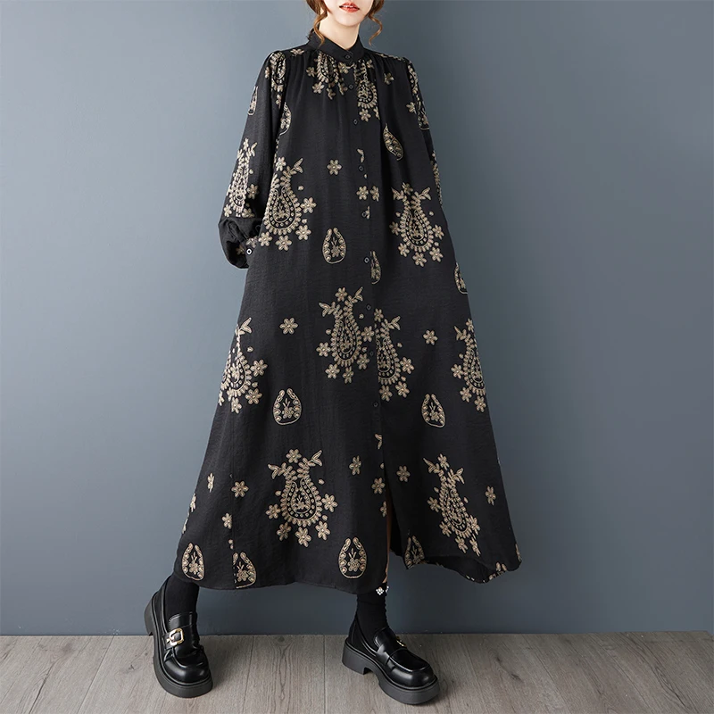 秋ファッション 大きいサイズ イルト ドレス スタンドカラー プリント プリーツ スプライシング ミディ丈 イルト ドレス コットン ポリエステル ロングスリーブ