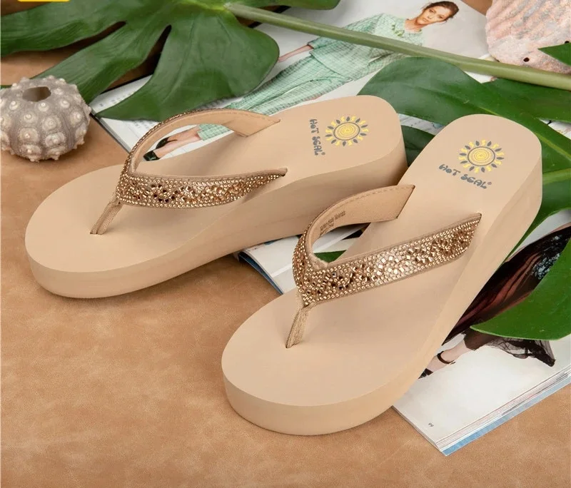 New Korean Fashion Womens Slides Quality Rhinestone Thick Bottom Lightweight Flip-flops Non-slip Elastic Insoles Summer Sandals