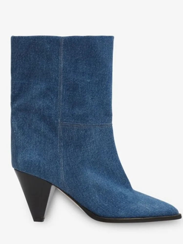 

Женские весенне-осенние короткие сапоги с острым носком, конические толстые высокие каблуки, модные, размер 34-45, большие женские высокие сапоги