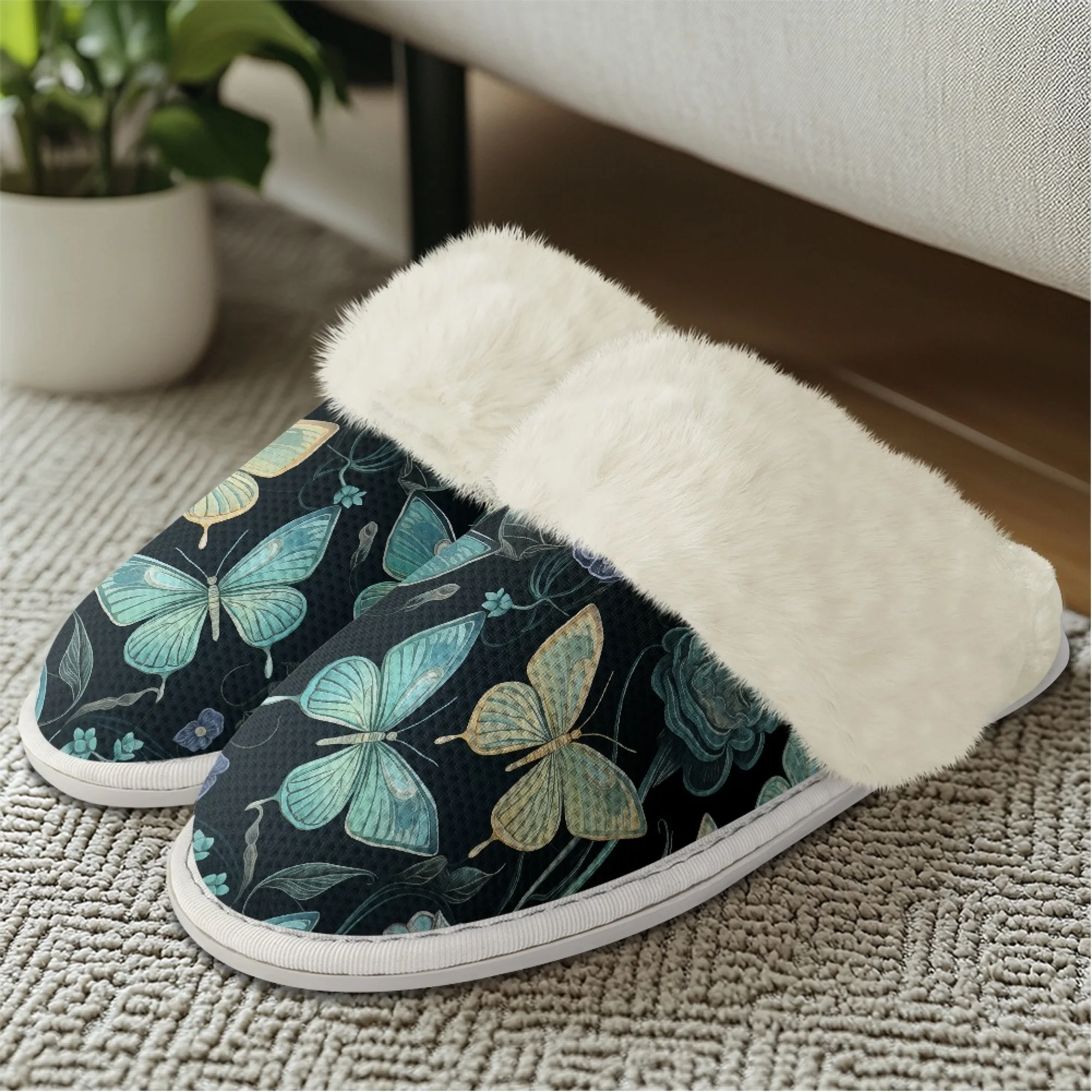 INSTANTARTS Women Flat Cotton Slippers Elegant Butterfly Printing Anti Slip Comfortable Soft Indoor Winter Shoes Keep Warm