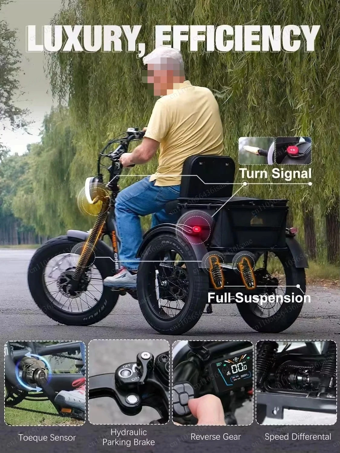 Fat Tire 3 Wheel Electric Cargo Trike, Dual Motor & Long Travel Aluminum Frame