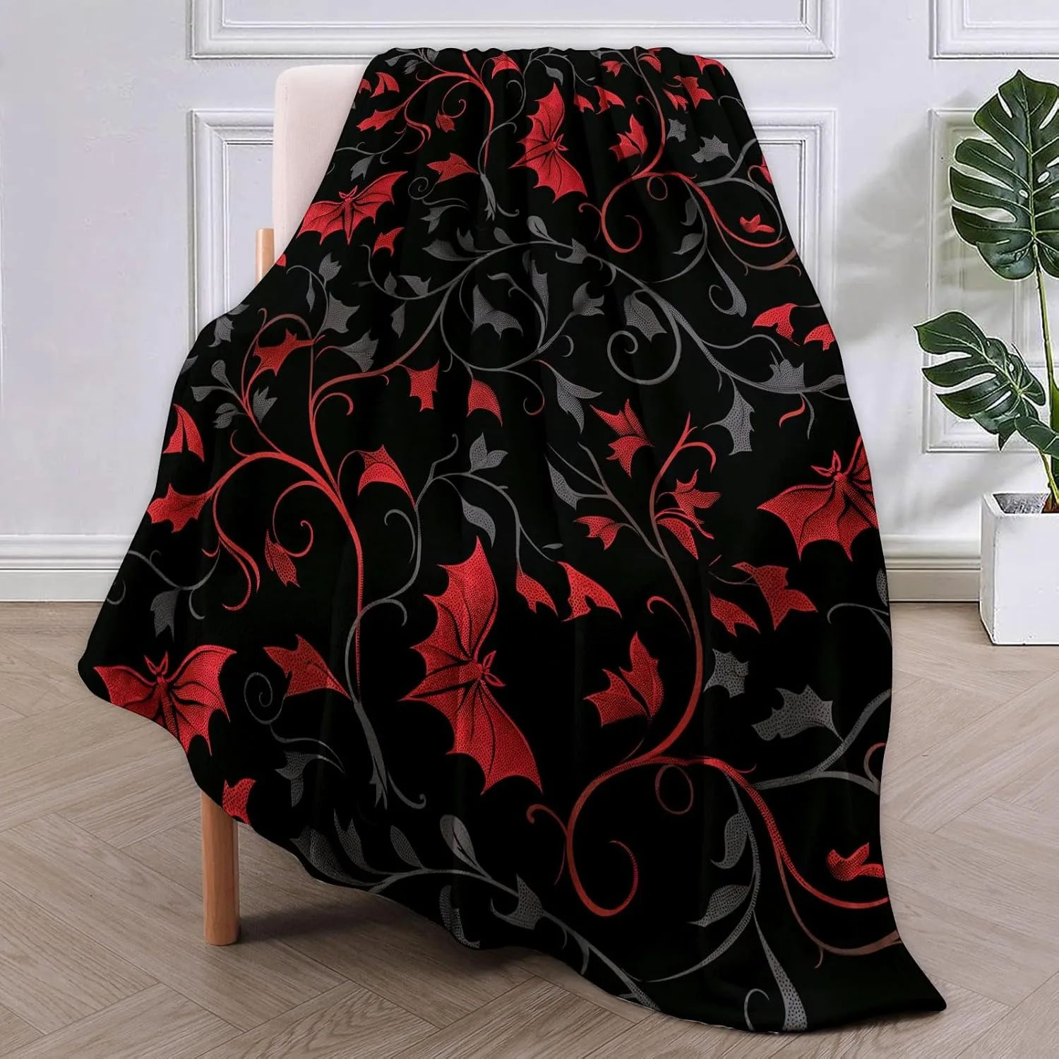 Halloween Wildflower and Bat Pattern Throw Blanket Decorative Aesthetic Artistic Blanket for Home and Camping