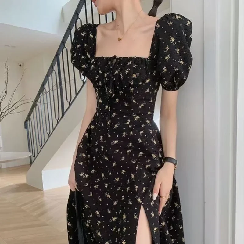 Women Summer Fashion Floral Print Square Collar Lace-up Elegant Party Dresses Sweet Chic Short Sleeve Slim Fairy Midi Dress Robe