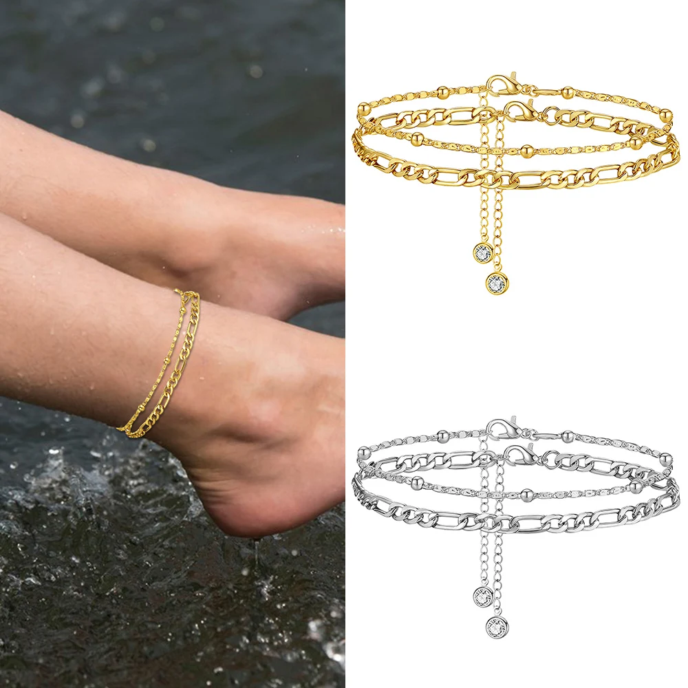 2Pcs Mode Edelstahl Fußkettchen Set Für Frauen Kubanischen Reis Perle Kette Auf Fuß Ankle Armband Weibliche Nie Verblassen schmuck
