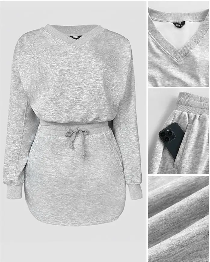 2025 우아하고 섹시한 투피스 의상 V넥 드롭 숄더 크롭탑과 드로스트링 밴딩 허리 비대칭 밑단 스커트 세트