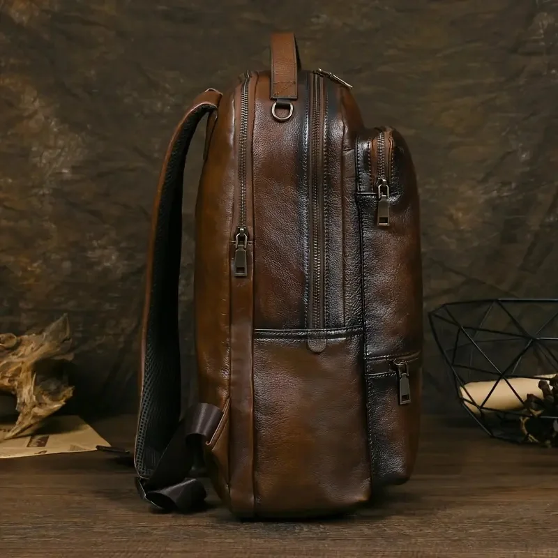 1pc Men's Genuine Leather Backpack, Top Layer Cowhide Retro Casual Backpack for Daily Commuting & Going Out Travel