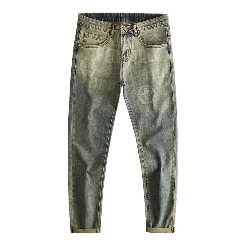 Luxury men's clothing retro gradient printed jeans men's high-end fashion trend brand elastic slim fit small foot long pants