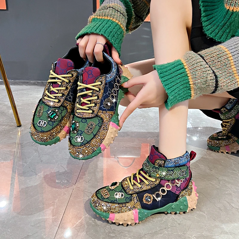 Women's Fashion Shoes Luxury Rhinestones Sneakers Diamonds Embellished Non Slip Running Shoes High Top Outdoor Casual Shoes
