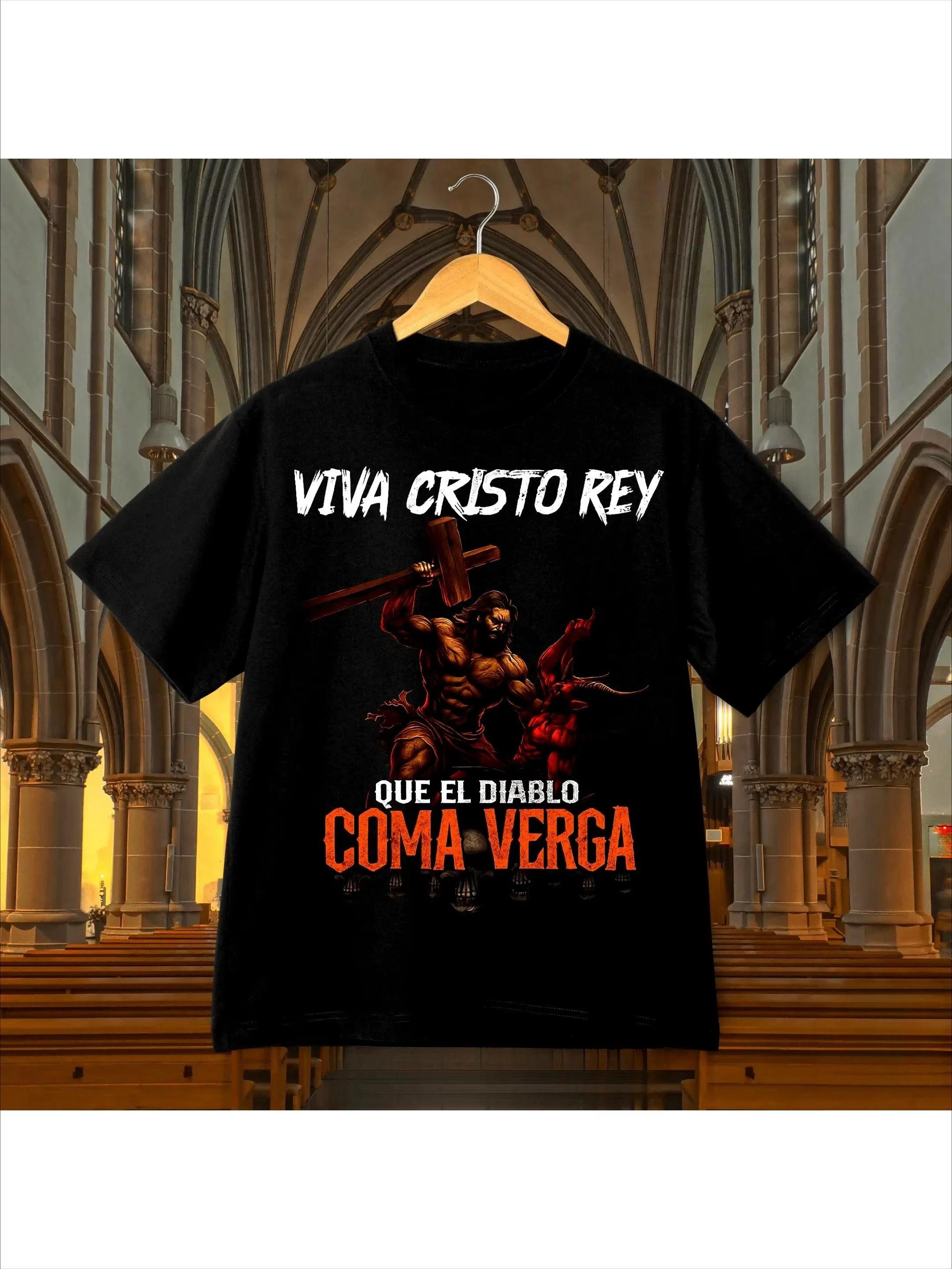 Viva Cristo Rey&Diablo Coma Varga Pattern T-shirt - Bold Spanish Text Printed Pattern T-shirt Casual Street Fashion Fan T-shirt