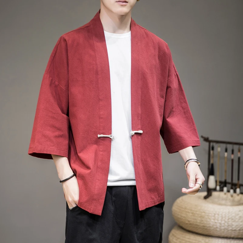 Fashion Costume Disc Buckle Hanfu Men Chinese Style 100% Cotton Robe Cardigan Jacket Oversized Kimono 5xl Ancient Coat Male