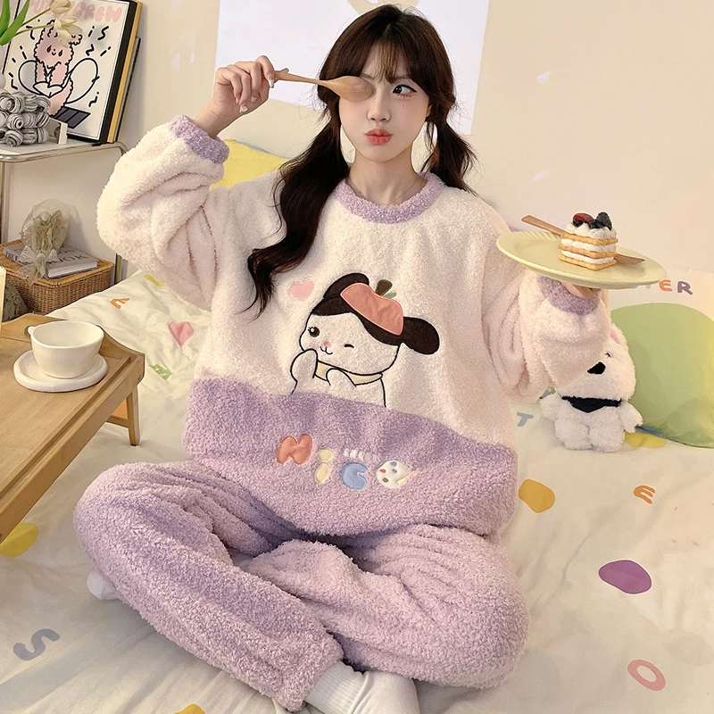 Winter Pajamas Sets Coral Velvet Pajamas Women's Thicken Lovely Dog Sleepwear Flannel Female Pyjama Fashion Homewear Clothes