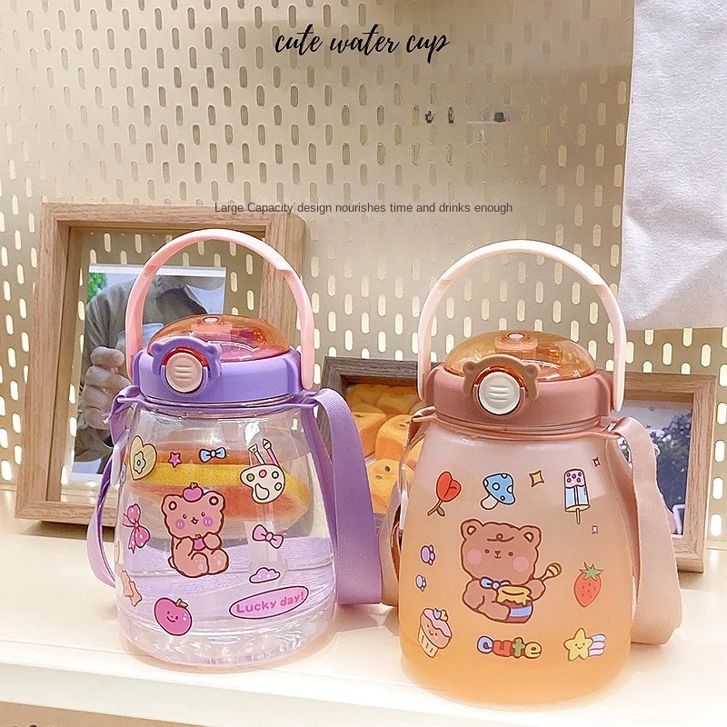 1000ML Water Bottle Cute Kawaii Straw Plastic Large Capacity Cartoon Girl Kettle Student Cup Water Bottle for Children