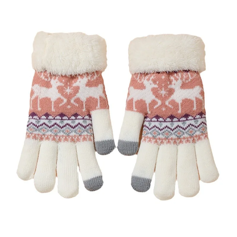 Christmas Reindeer Jacquard Knit Gloves Plush Cuff Thick Warm Gloves Autumn Winter Soft Coldproof Touchscreen Gloves