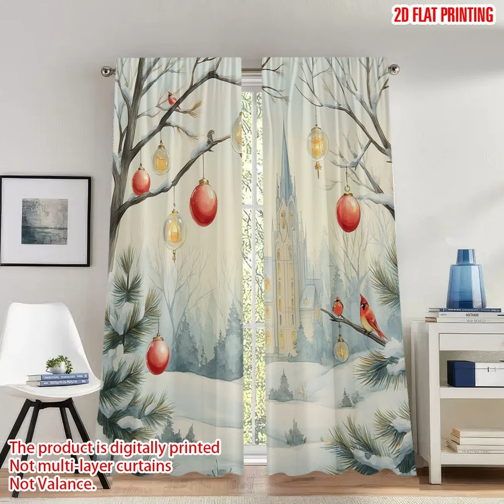 

2pcs 2D flat printing Fashionable Christmas curtains Christmas Ornament Tree Lanterns Snow Digital Printed Polyester Drapes
