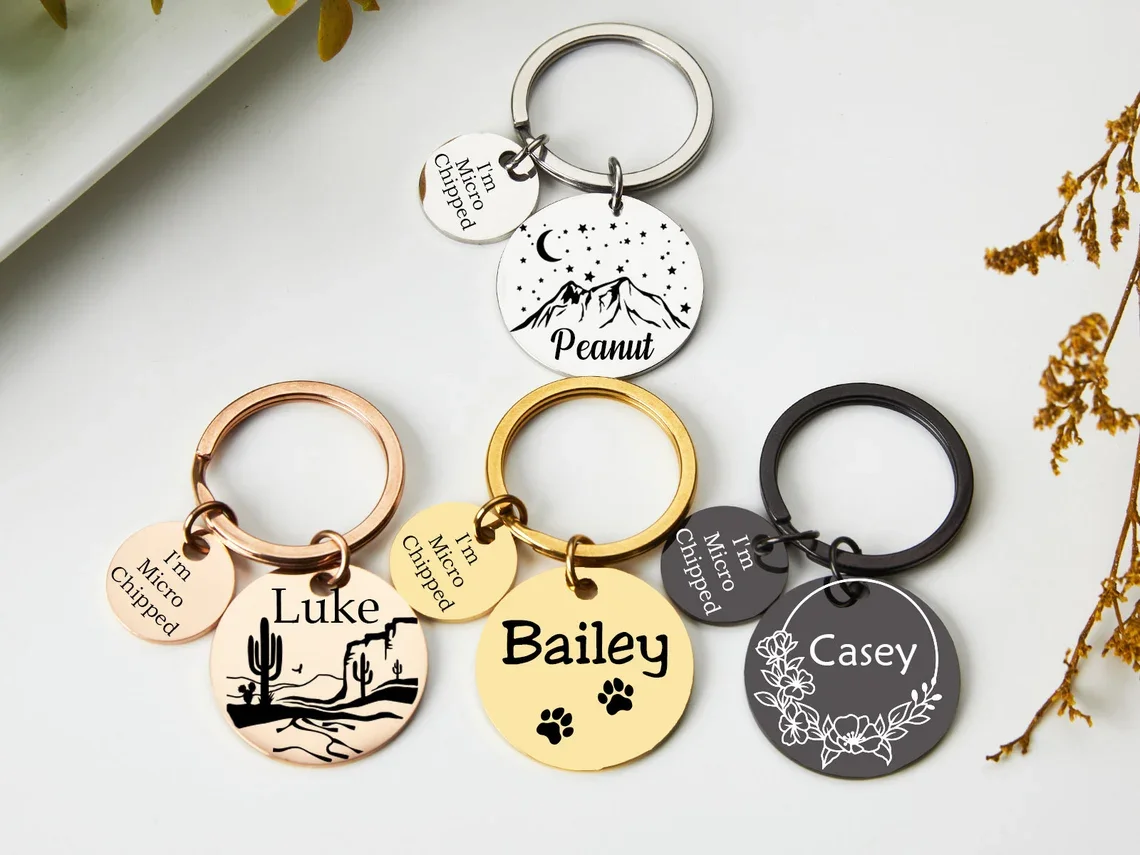 Custom Engraved Double Circle Pet ID Keychains Personalized Microchip Text Stainless Steel Gold Rose Black Silver Pet Memory Sou