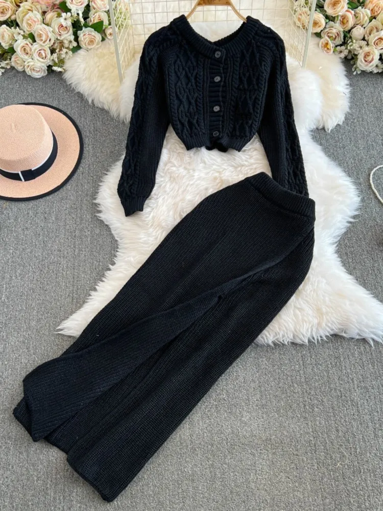 Autumn Women Elegant Casual Knitted Skirt Suit Long Sleeve Short Cardigan Sweater Slim Midi Saya Two Piece Set Female Outfits