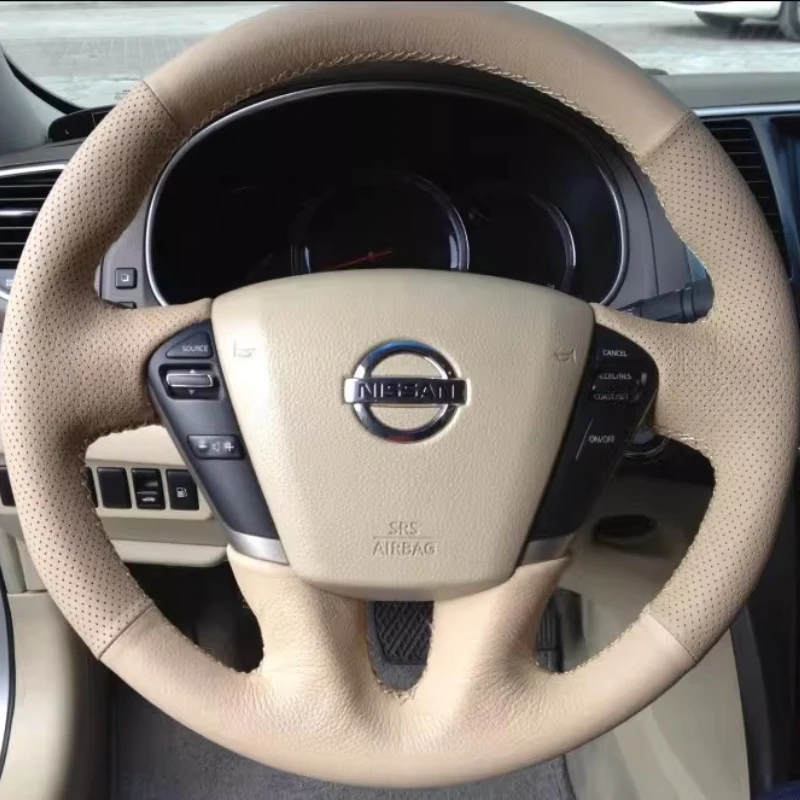 For Nissan Teana Murano Z51 Elgrand Quest Hand Stitched Dark gray genuine Leather non-slip Car Steering Wheel Cover