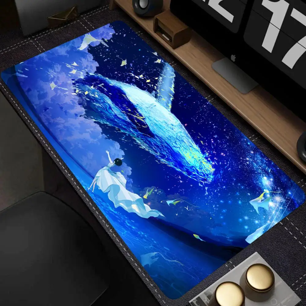 

Fantasy Starry Sea Blue Whale Mouse Pad,Extra Large Keyboard Mat,Anime Girl Starry Sky Desk Mat, Universal Office and Gaming Mat
