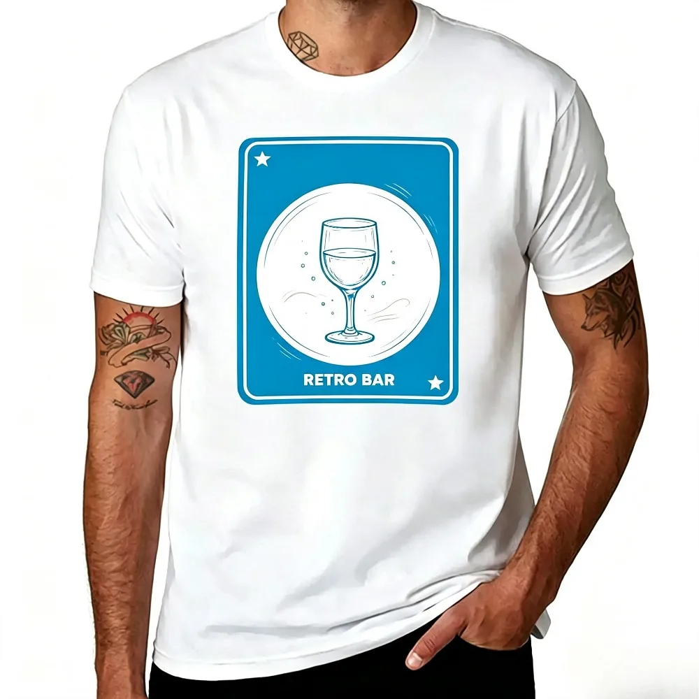 Retro Wine Glass Blue Badge Graphic Men T-Shirt Casual Short Sleeve Drinking Party Tee