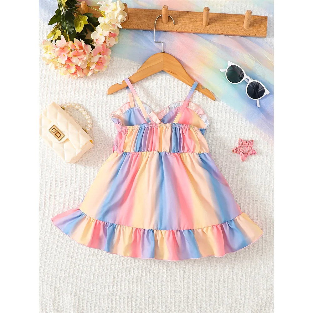 0-3 Years Baby Girl Rainbow Color Dress Fashion Suspender Bow Dresse Sweet Toddler Girl Summer Daily Gatherings Wear