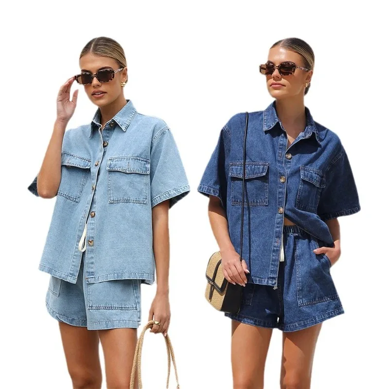 

Women's Summer Pocket Lapel Casual Short-sleeved Shirt, Casual Shorts and Denim Two-piece Set
