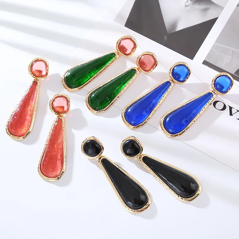 European and American Affordable Luxury Fashion Style Retro Long Color Drop-Shaped Resin Earrings Geometric Ear Studs