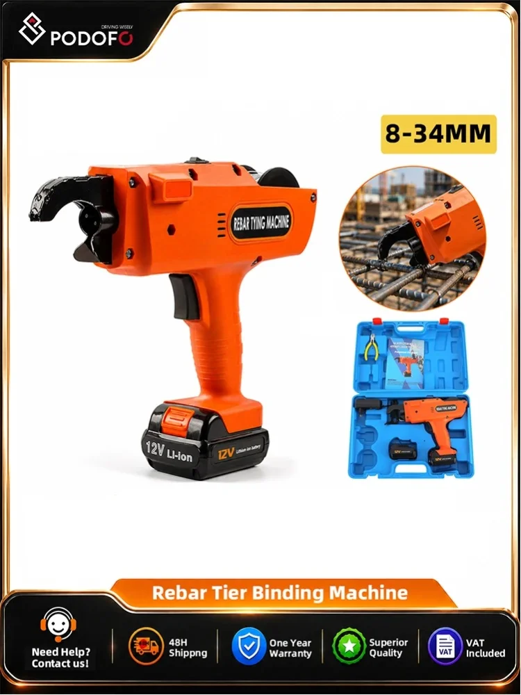 Podofo 8-34mm Automatisches Kabelloses Handgeführtes Bewehrungsbindewerkzeug Bewehrungsbindemaschine 12V Bewehrungsbindepistole mit Akku und Zange zum Binden von Stahlstäben