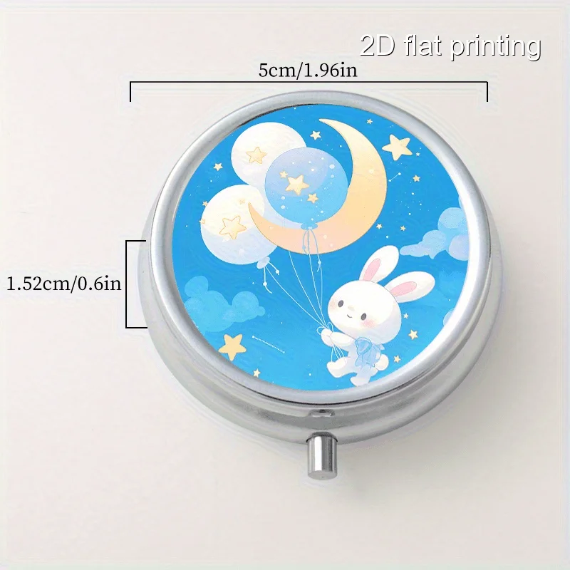 White Rabbit Balloon Creative Printed Pattern Round Metal Box with 3 Compartments, Portable Mini Metal Box, Nutritional Vitamin Metal Box, Portable Metal Box for Home and Travel, Multifunctional Sorting and Storage Box, Decorative Earrings and Jewelry Multi-Compartment Storage Small Metal Box, Sealed and Moisture-Proof, Unique Holiday Gift for Family and Friends