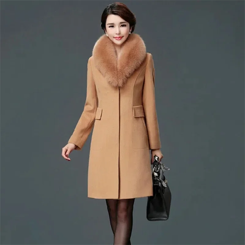 

New model 2023 Women Wool Coat New Winter Autumn Fashion Slim Fur Collar Woolen Blends Jacket Long Coat Female Cozy Jackets