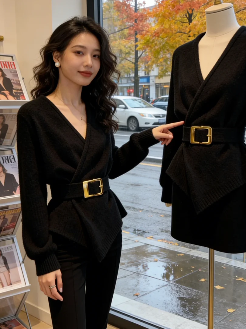 

Уникальный черный вязаный свитер с V-образным вырезом и длинными рукавами, корейский тренд, весна 2026, модный и красивый топ