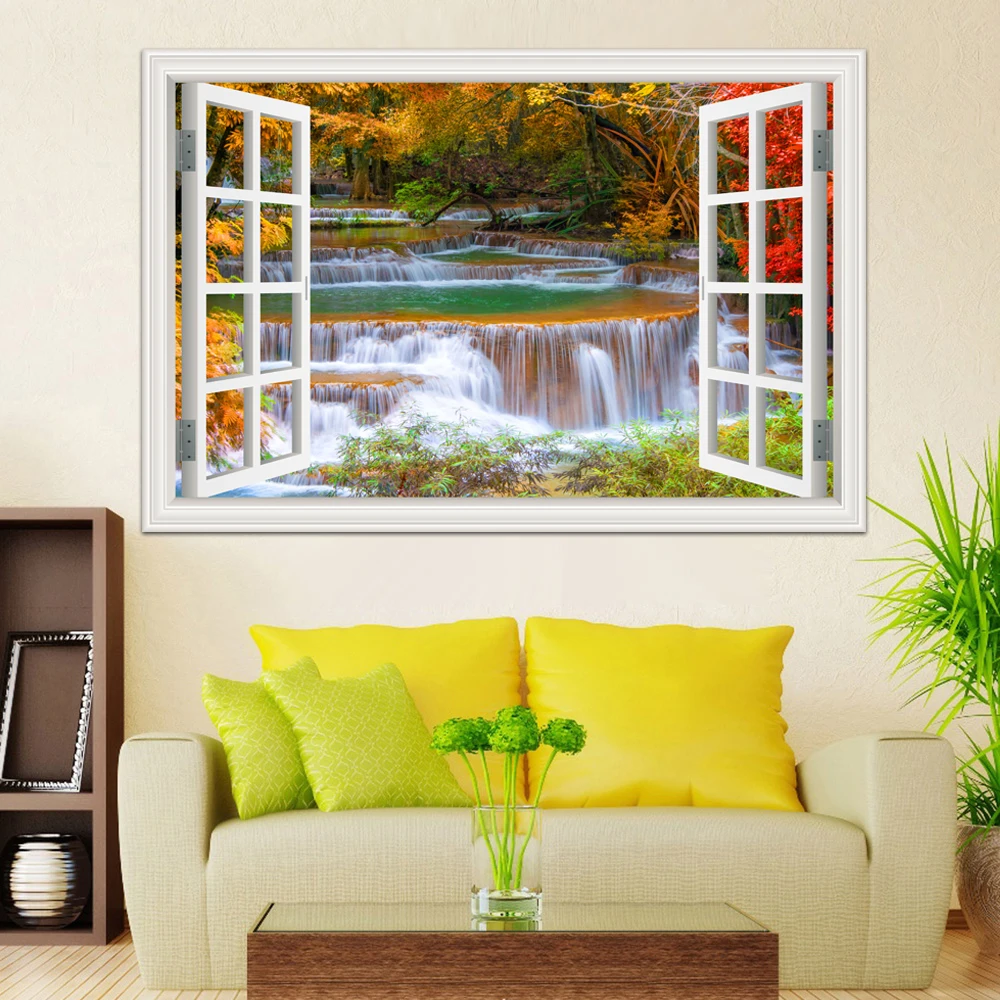 Green Waterfall 3D Window View Wall Decal Sticker, Self-adhesive Mural, Nature Landscape Wallpaper Peel And Stick