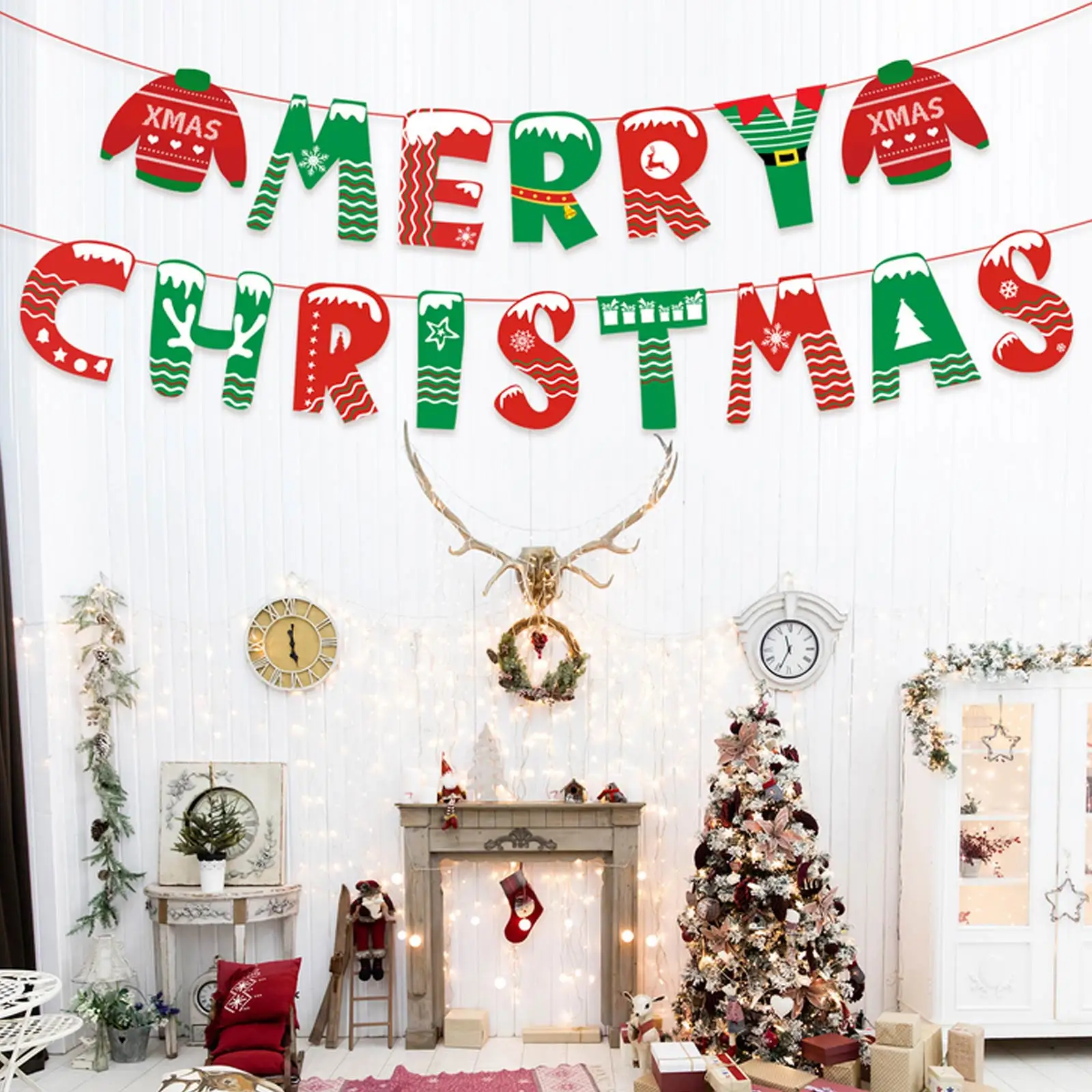 Merry Christmas Banner Red Green Plaid Sweater Paper Garland Sign Backdrop for Home Office Party Hanging Decorations