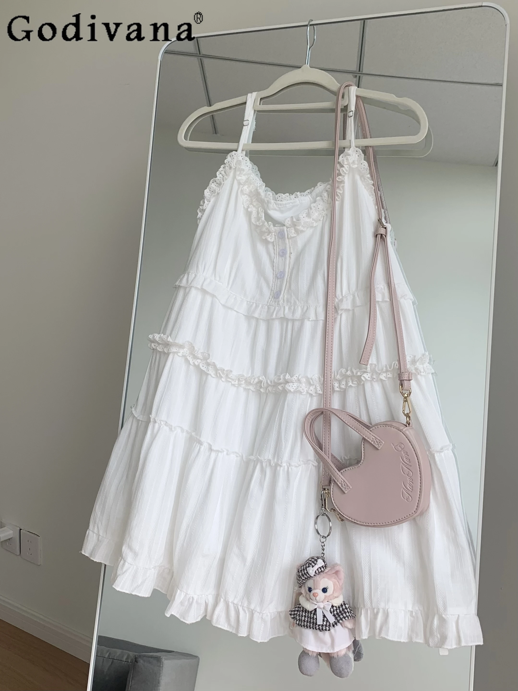 

2024 New Fashion Girly Harajuku Sweet Cute Ruffles White Dresses Student Inner Sling Dress Women Loose Slim JK Fashion Y2k Dress