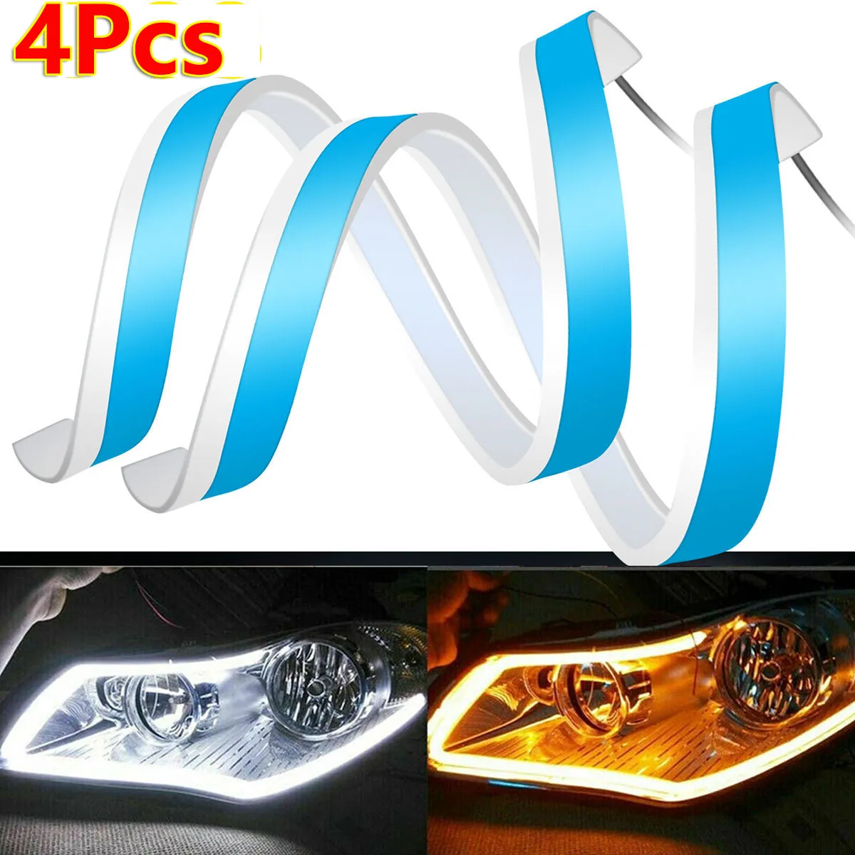 

4Pcs 60CM Slim Amber Sequential Flexible LED DRL Turn Signal Strips For Headlights for Car Daytime Running Lights Bulbs Lamps