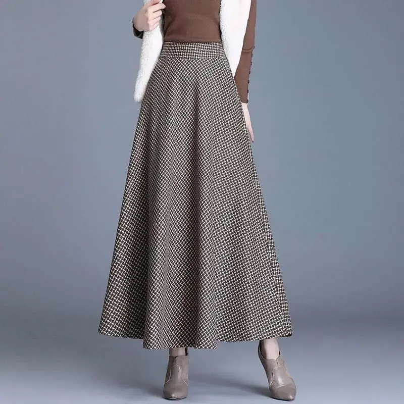 Winter Women Wool Plaid Skirt Office Lady Fashion Temperament Simple Versatile High Waist Casual Long Large Swing Skirts A193