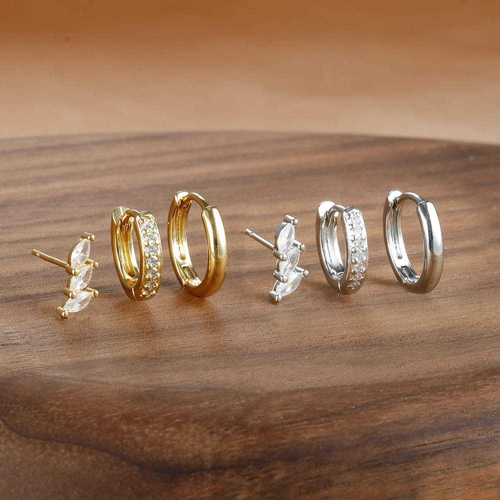 3PCS Stainless Steel Round Circle Hoop Earrings Set for Woman 14K Gold Plated Zircon Stud Earring Cartilage Piercing Jewelry