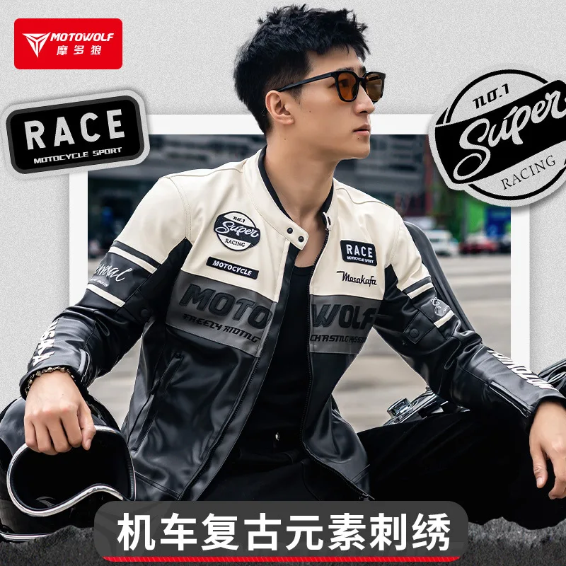 Leather Motorcycle Riding Jacket Windproof Warm Motocross Jacket Retro Embroidered Leather Jacket Detachable Warm Inner Liner