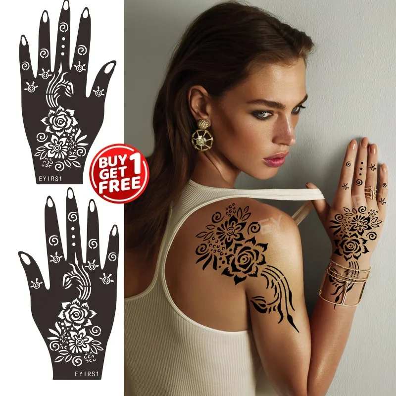 4PCS Hand Tattoo Stencils Reusable Temporary Tattoo Templates Self Adhesive Henna Body Art Design for DIY Festival Wedding Party