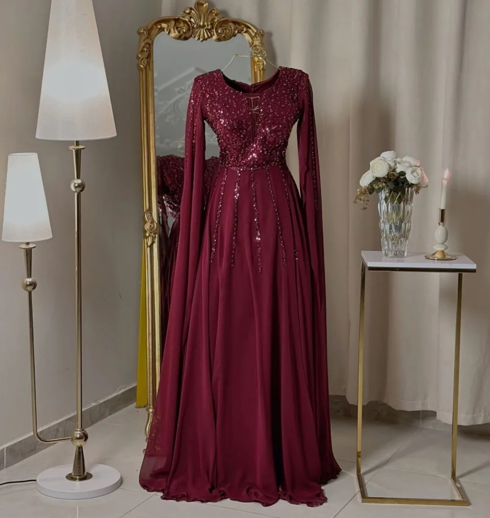 

Customized Chiffon Sequined Sparkle O-Neck A-line Floor-length Bespoke Occasion Women Luxury Evening Elegant Party Wedding