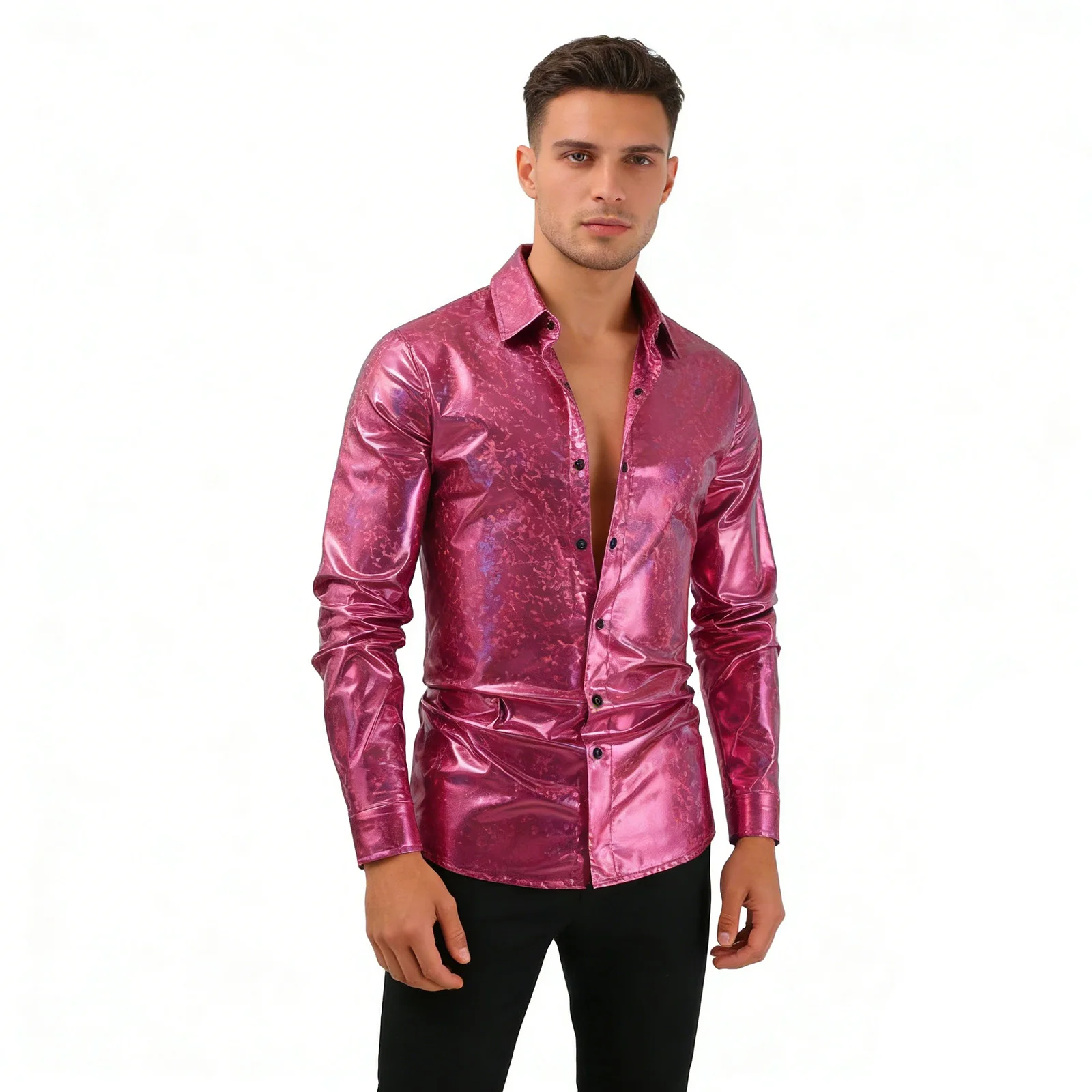 

Mens 70s 80s Disco Vintage Shirt Metallic Shiny Long Sleeve Button Shirts Tops Cocktail Nightclub Rock Party Dance Hippie Blouse