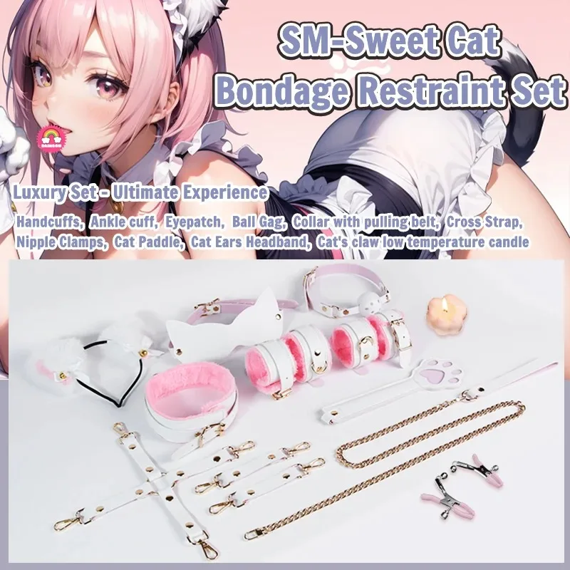 BDSM 섹스 토이 귀여운 고양이 본디지 세트 (여성용 애니메이션 코스프레 포함) 플러시 수갑, 머리띠, 입 막개, 눈가리개, 목걸이