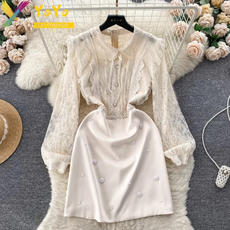 

Vintage Apricot Beaded Lace Hollow Stitched Dress Fall/Winter 2024 Long Sleeve Bow Fashion Elegant Slim Bodycon Party Dresses