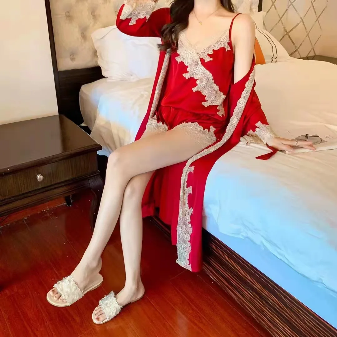 

3PCS Burgundy Women Kimono Robe Pajamas Sets Sexy Nightdress Bathrobe Bride Lace Trim Underwear Sleepwear Rayon Home Clothes