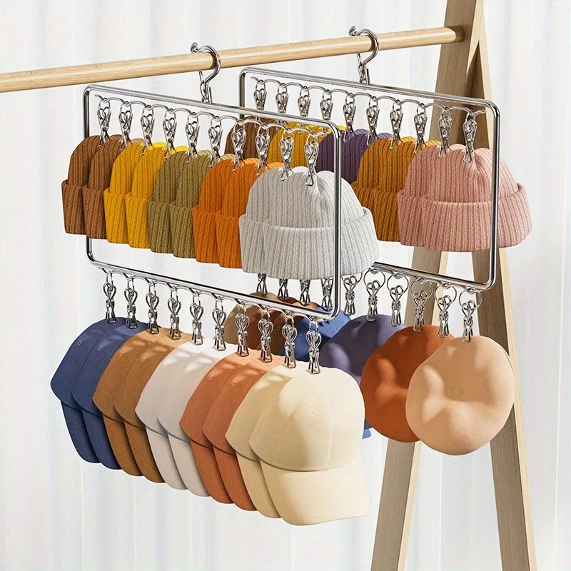 Versatile 2-Tier Stainless Steel Organizer with Clips for Hats, Socks & Underwear - Perfect for Home and Dorm Storage